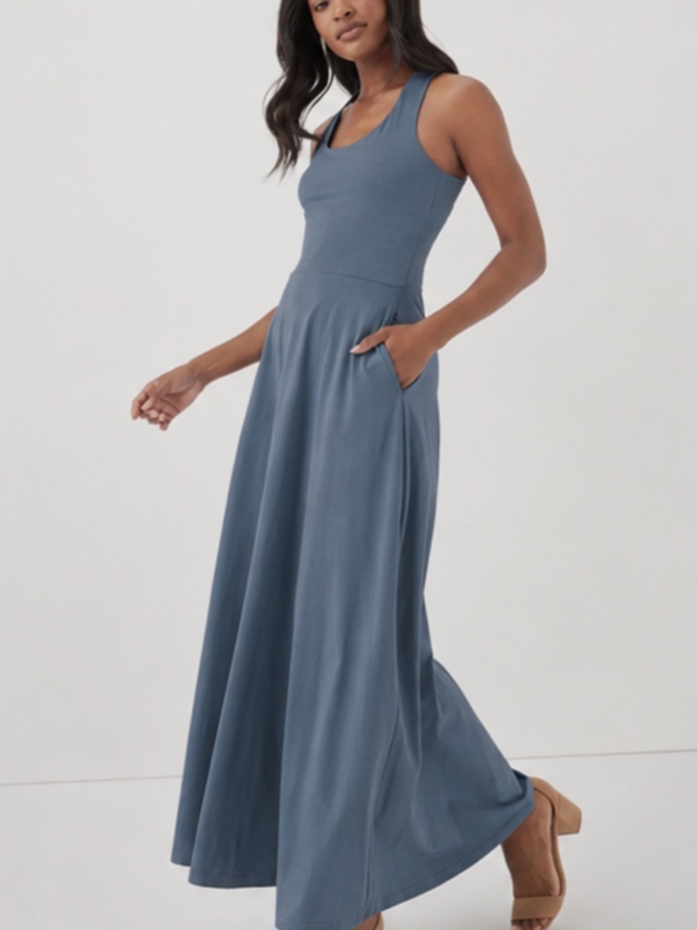 PACT Fit & Flare Open Back Maxi Dress Slate Blue Women’s Size Medium - Picture 2 of 13
